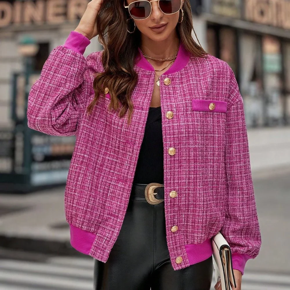 Pink Preppy Womens Plaid Pattern Drop Shoulder Tweed Overcoat - Picture 1 of 5